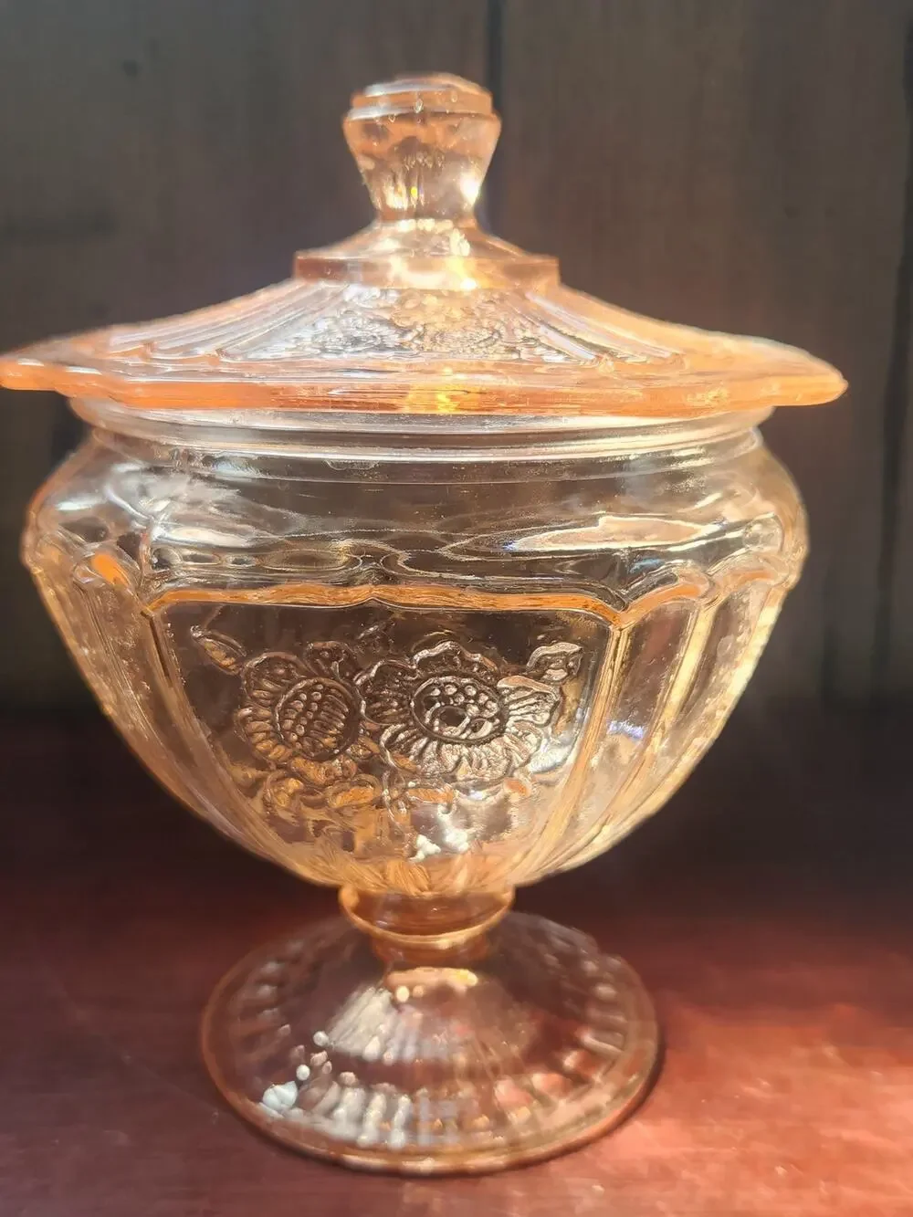Vintage Pink Depression Glass Footed Covered Candy Dish Floral Medallion Design